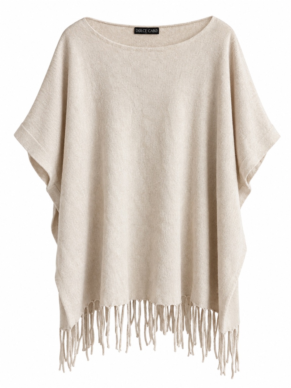 Vintage Dolce Cabo Cream Knit Poncho Sweater with Fringe & Side Buttons One Size